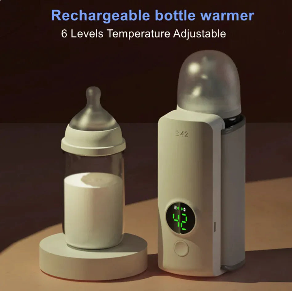 Rechargeable bottle warmer with digital display and adjustable temperature on a dark background